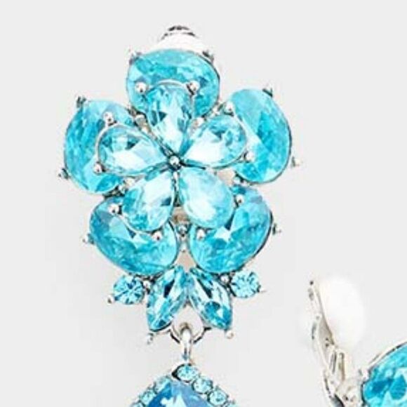 Flower Aqua Blue Crystal Teardrop Dangle Clip on Earrings - Picture 2 of 6